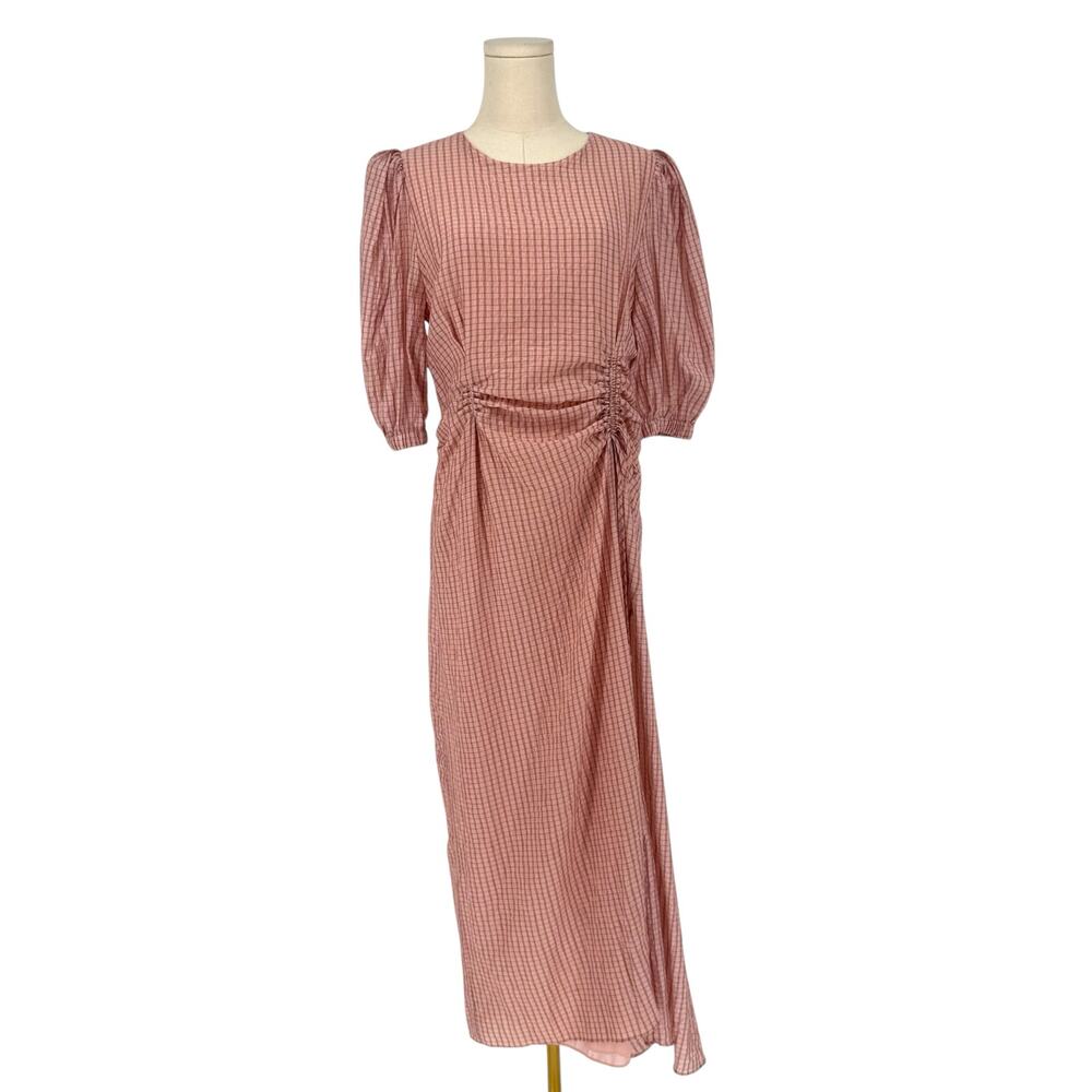 Zara Maxi Dress Micro Plaid Light Pink Puff Sleeve Milk Maid M Boho Tradwife